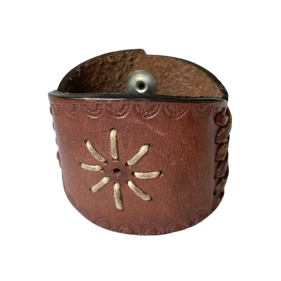 Handmade Tooled Embossed Leather Cuff Bracelet, Brown, Size Small - Picture 7 of 7